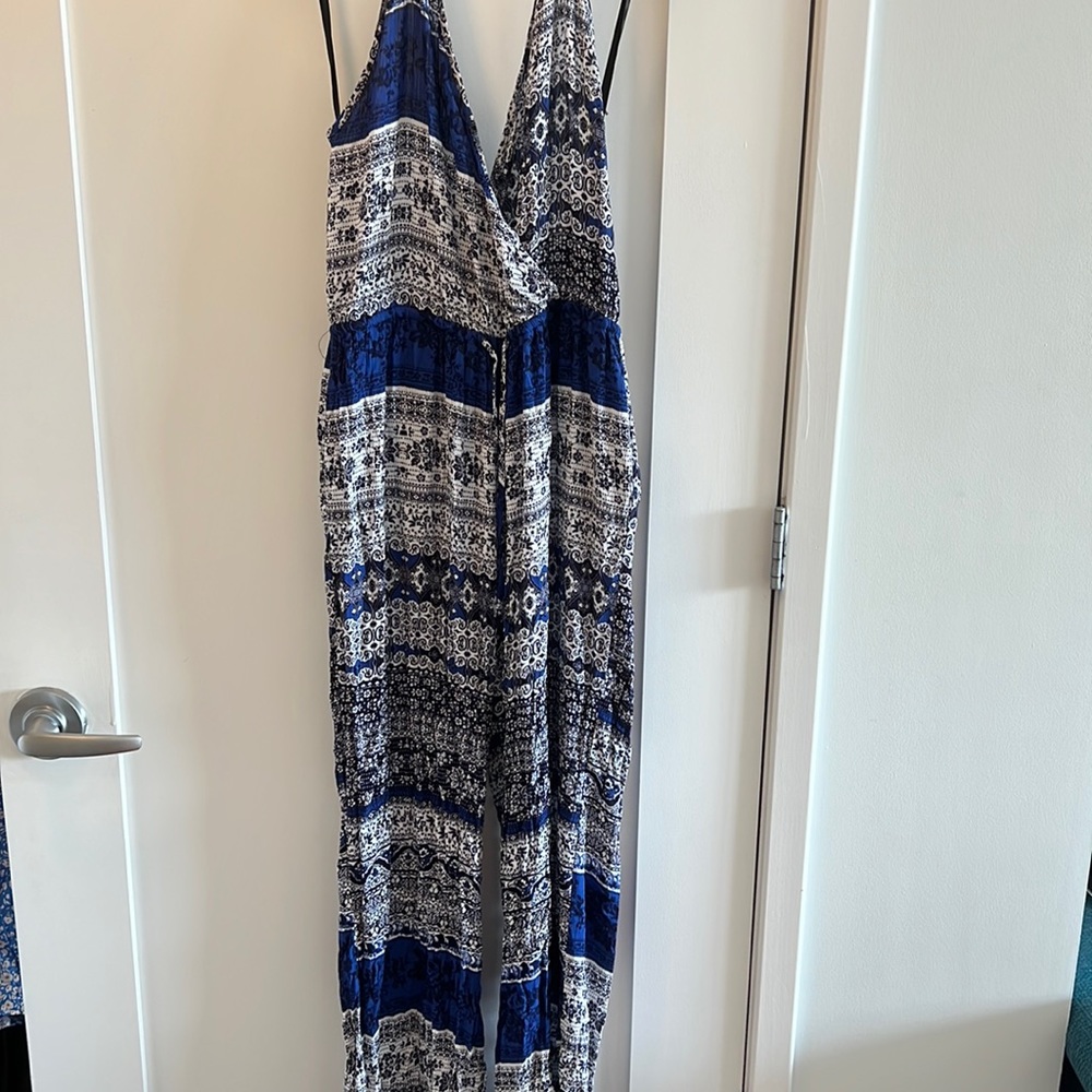 Blue and White Halter Jumpsuit